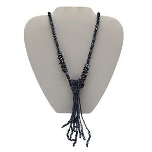 Black Blue Beaded Tassel Necklace With Sparkling Crystal Accents Vintage